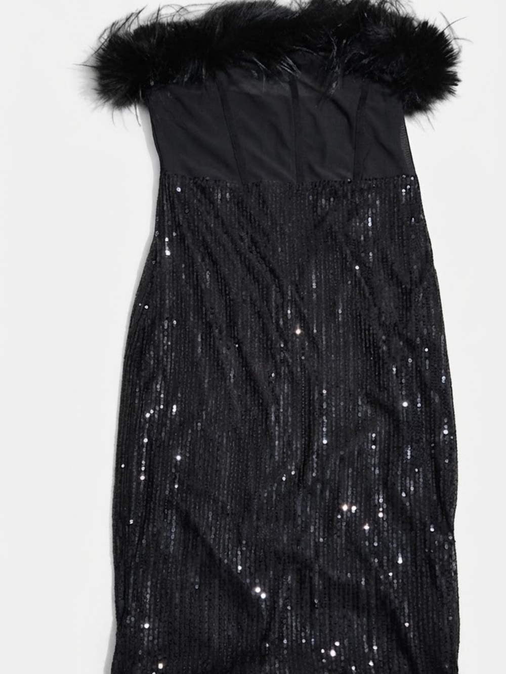 SHEIN Black Strapless Sequin Dress with Feather Trim